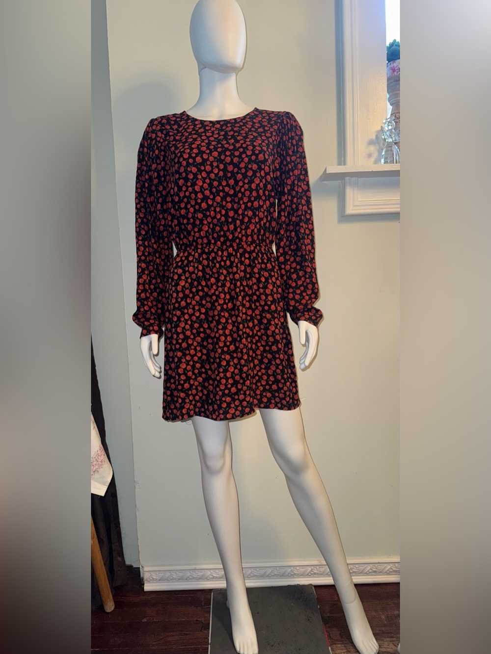 Pull&Bear Black Long Sleeve Mini Dress with Red Spot Floral
